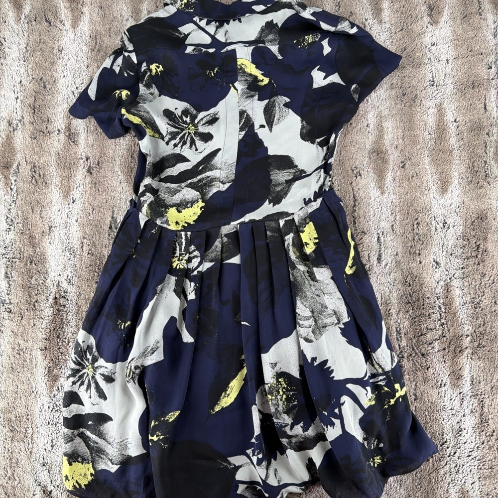 Parker Kelby Navy Yellow Floral Short Sleeve Button Silk Dress Large Fit Flare - Picture 9 of 9